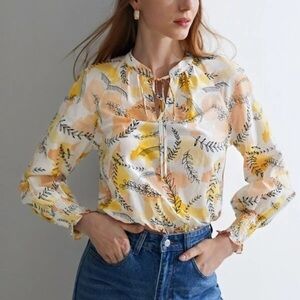 Silk Printed Shirred Cuff Bodysuit - NWT